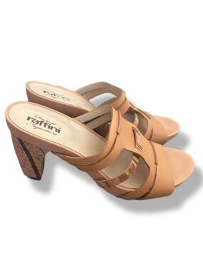 Umberto Raffini Tan Strappy Cork-Accent Mule Heels